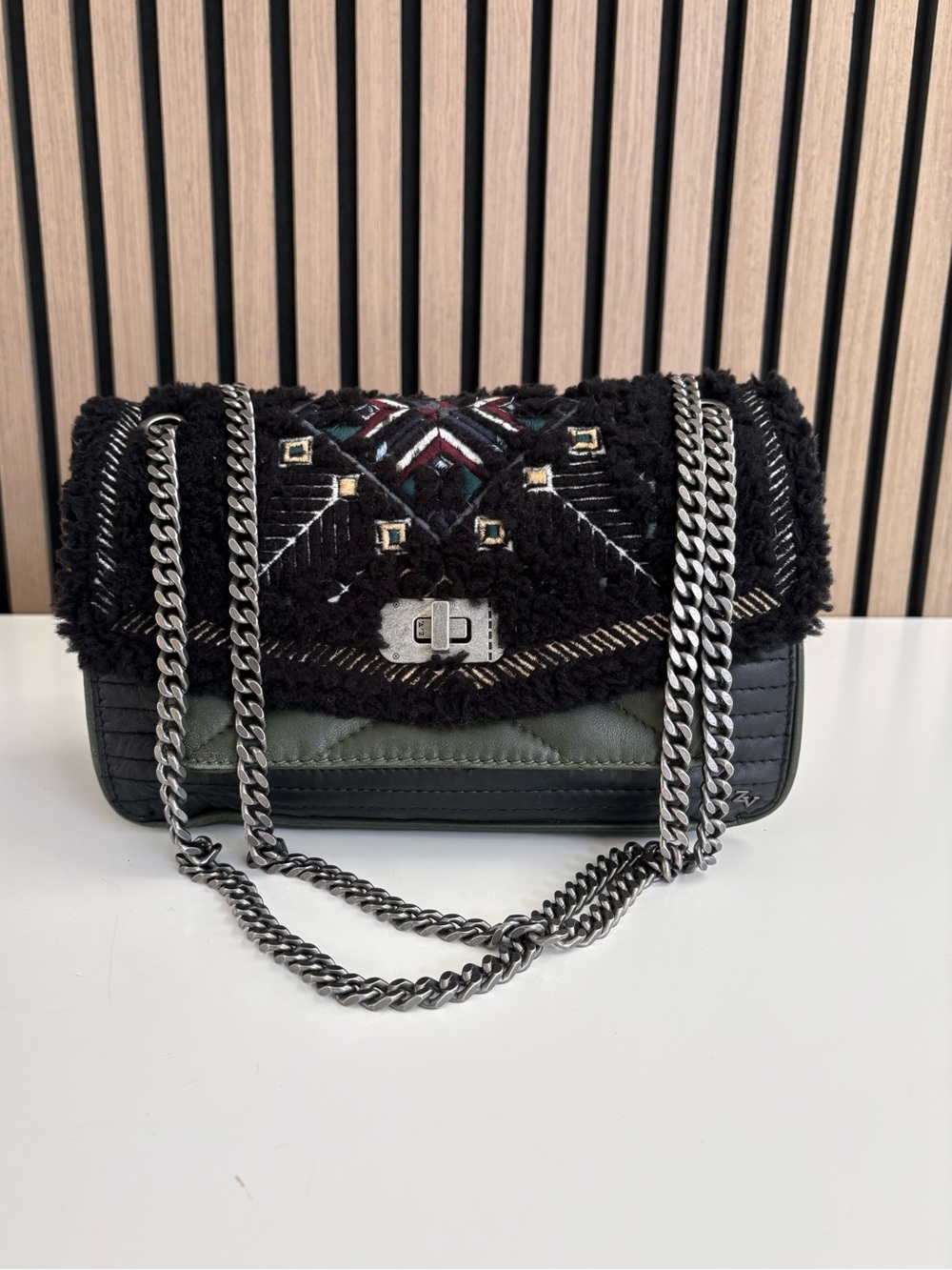 Auth ZADIG & VOLTAIRE Shearling Trimmed Skinny Love Bag
